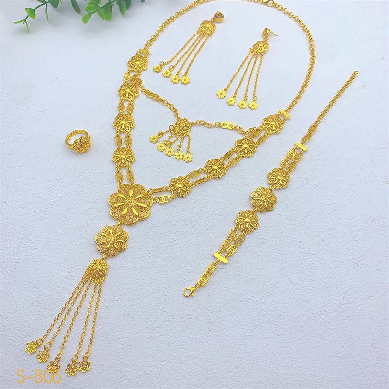 4-Piece New Style Luxury 24K Gold-Plated Bridal Jewelry Set - Stylish Necklace Earrings Bracelet & Ring