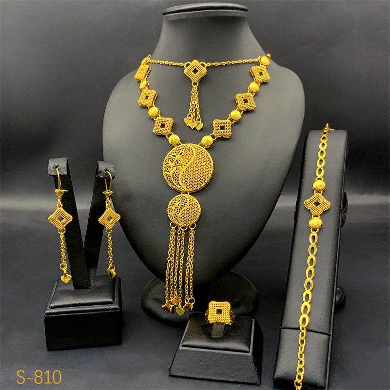 4-Piece New Style Luxury 24K Gold-Plated Bridal Jewelry Set - Stylish Necklace Earrings Bracelet & Ring