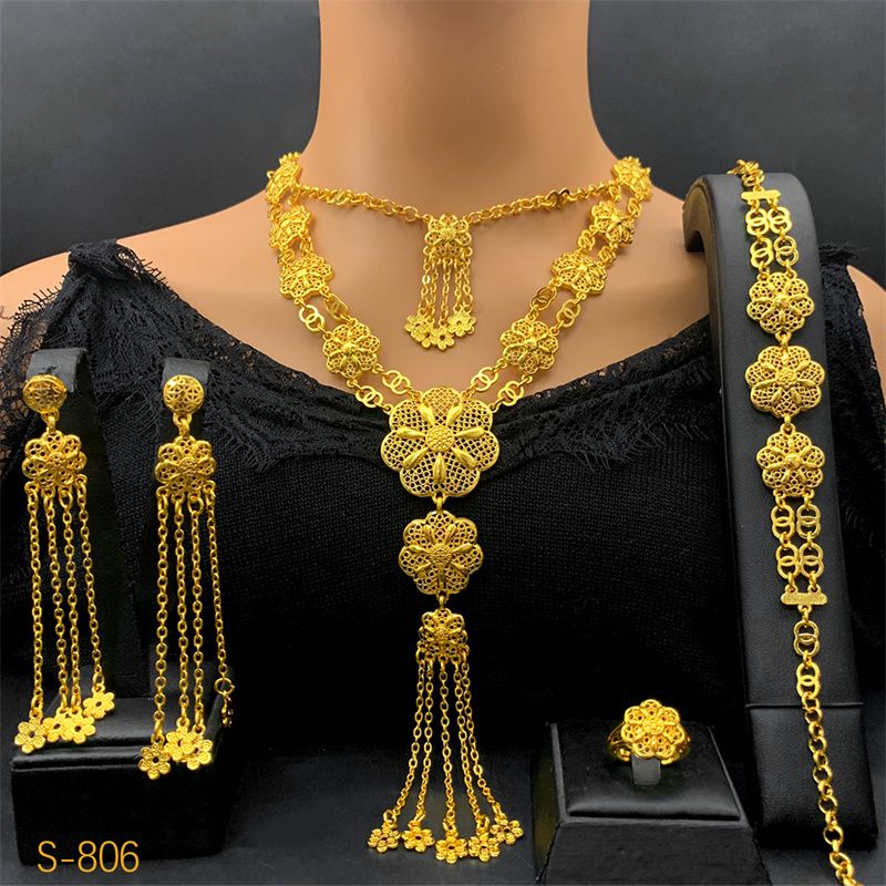 4-Piece New Style Luxury 24K Gold-Plated Bridal Jewelry Set - Stylish Necklace Earrings Bracelet & Ring