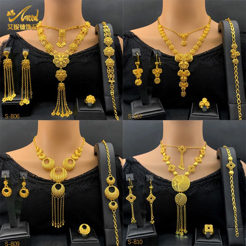 4-Piece New Style Luxury 24K Gold-Plated Bridal Jewelry Set - Stylish Necklace Earrings Bracelet & Ring