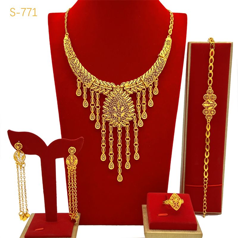 High-End Luxury Bridal Jewelry Set - New Stylish Gold-Tone 24K Copper Plated, 4-Piece Tassel Necklace/Bracelet/Earrings/Ring, Women's Elegant Ornaments