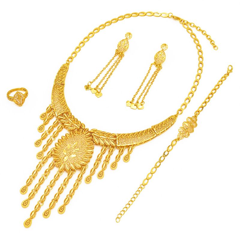 High-End Luxury Bridal Jewelry Set - New Stylish Gold-Tone 24K Copper Plated, 4-Piece Tassel Necklace/Bracelet/Earrings/Ring, Women's Elegant Ornaments