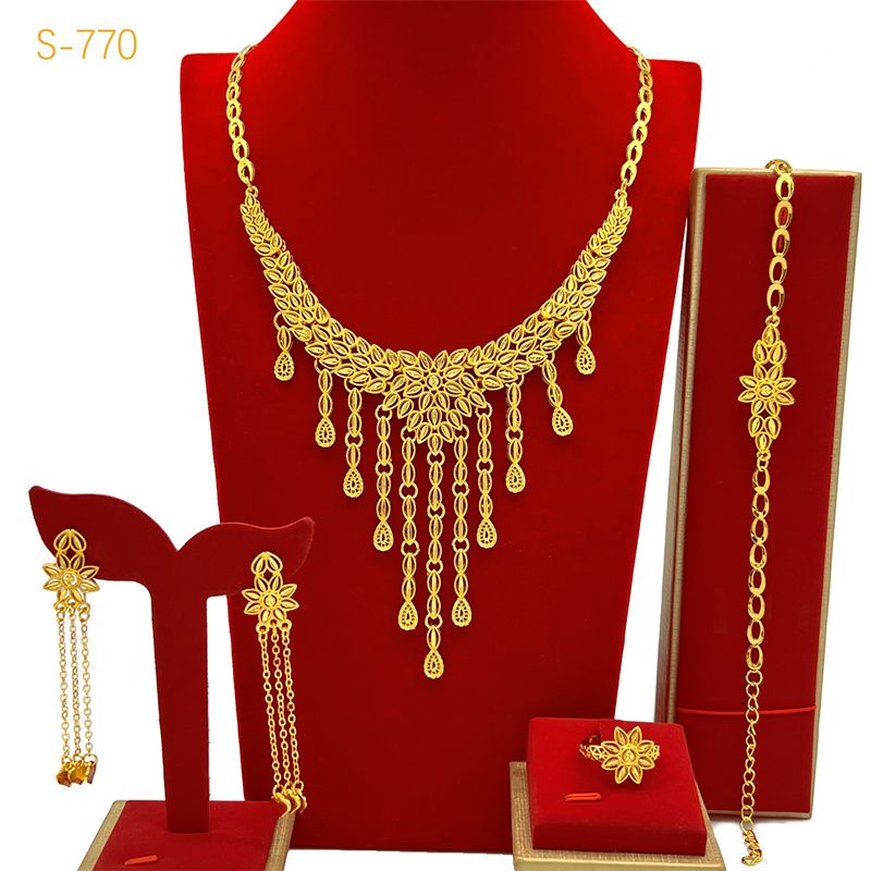 High-End Luxury Bridal Jewelry Set - New Stylish Gold-Tone 24K Copper Plated, 4-Piece Tassel Necklace/Bracelet/Earrings/Ring, Women's Elegant Ornaments
