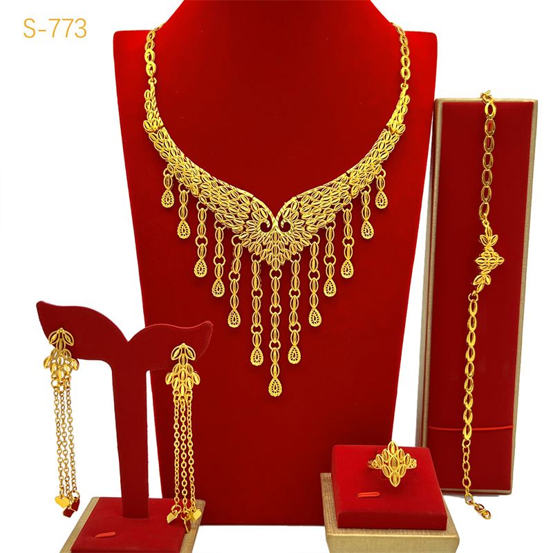 High-End Luxury Bridal Jewelry Set - New Stylish Gold-Tone 24K Copper Plated, 4-Piece Tassel Necklace/Bracelet/Earrings/Ring, Women's Elegant Ornaments