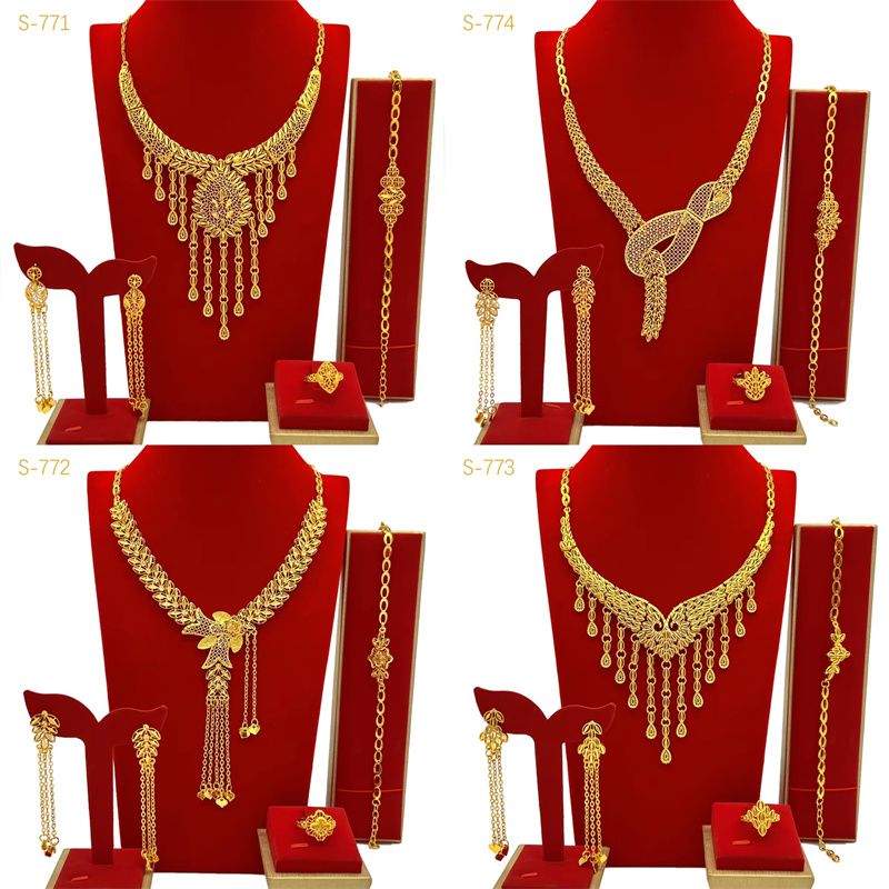 High-End Luxury Bridal Jewelry Set - New Stylish Gold-Tone 24K Copper Plated, 4-Piece Tassel Necklace/Bracelet/Earrings/Ring, Women's Elegant Ornaments