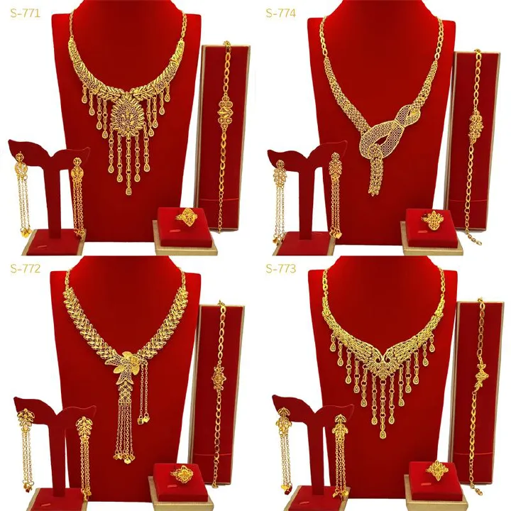 High-End Luxury Bridal Jewelry Set - New Stylish Gold-Tone 24K Copper Plated, 4-Piece Tassel Necklace/Bracelet/Earrings/Ring, Women's Elegant Ornaments