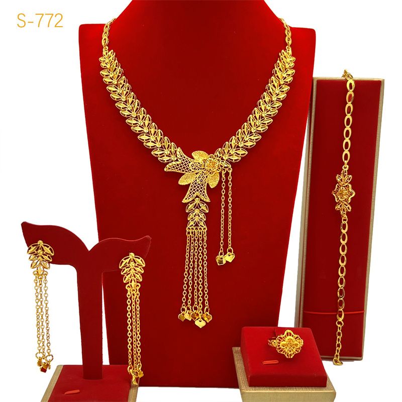 High-End Luxury Bridal Jewelry Set - New Stylish Gold-Tone 24K Copper Plated, 4-Piece Tassel Necklace/Bracelet/Earrings/Ring, Women's Elegant Ornaments