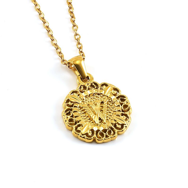 Classic Fashion Unisex Pendant Necklace Luxurious Stainless Steel Plated 18K Gold Openwork Pattern Round Letter Pendant Collarbone Chain Simple Exquisite Versatile Jewelry Accessory