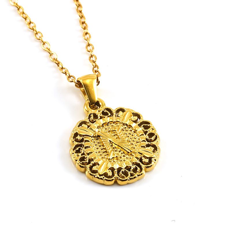 Classic Fashion Unisex Pendant Necklace Luxurious Stainless Steel Plated 18K Gold Openwork Pattern Round Letter Pendant Collarbone Chain Simple Exquisite Versatile Jewelry Accessory