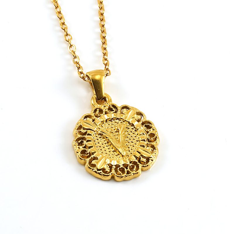 Classic Fashion Unisex Pendant Necklace Luxurious Stainless Steel Plated 18K Gold Openwork Pattern Round Letter Pendant Collarbone Chain Simple Exquisite Versatile Jewelry Accessory