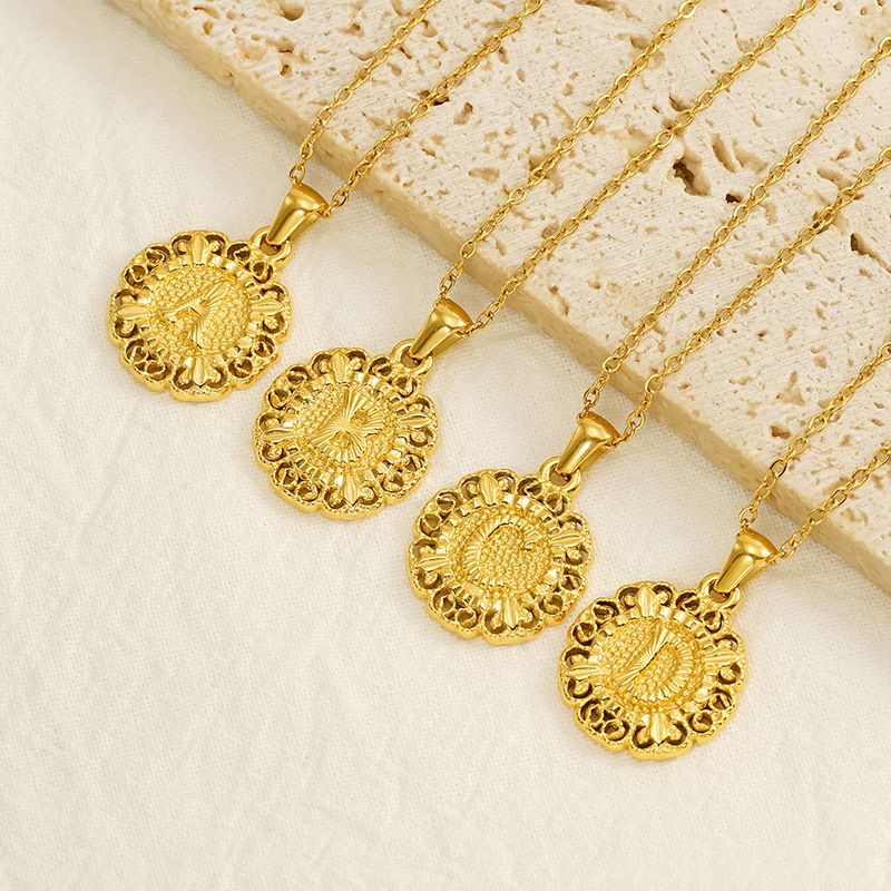 Classic Fashion Unisex Pendant Necklace Luxurious Stainless Steel Plated 18K Gold Openwork Pattern Round Letter Pendant Collarbone Chain Simple Exquisite Versatile Jewelry Accessory