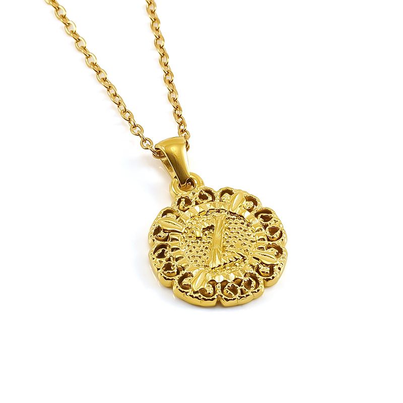 Classic Fashion Unisex Pendant Necklace Luxurious Stainless Steel Plated 18K Gold Openwork Pattern Round Letter Pendant Collarbone Chain Simple Exquisite Versatile Jewelry Accessory