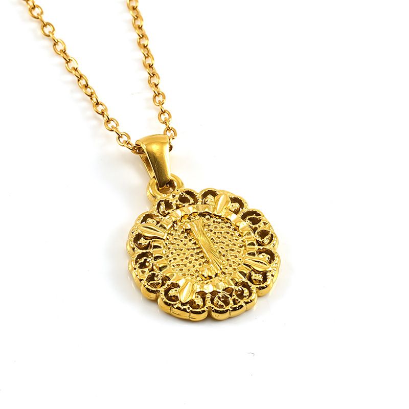 Classic Fashion Unisex Pendant Necklace Luxurious Stainless Steel Plated 18K Gold Openwork Pattern Round Letter Pendant Collarbone Chain Simple Exquisite Versatile Jewelry Accessory