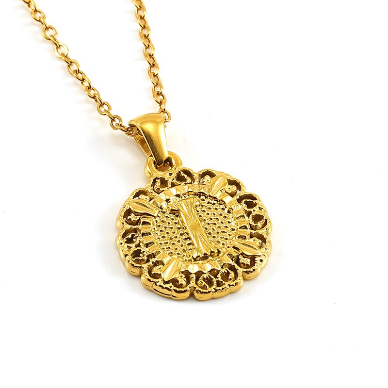 Classic Fashion Unisex Pendant Necklace Luxurious Stainless Steel Plated 18K Gold Openwork Pattern Round Letter Pendant Collarbone Chain Simple Exquisite Versatile Jewelry Accessory