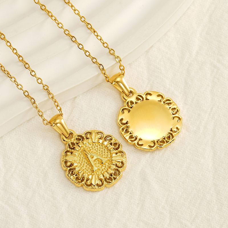 Classic Fashion Unisex Pendant Necklace Luxurious Stainless Steel Plated 18K Gold Openwork Pattern Round Letter Pendant Collarbone Chain Simple Exquisite Versatile Jewelry Accessory