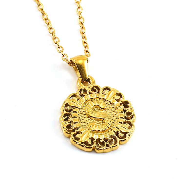 Classic Fashion Unisex Pendant Necklace Luxurious Stainless Steel Plated 18K Gold Openwork Pattern Round Letter Pendant Collarbone Chain Simple Exquisite Versatile Jewelry Accessory