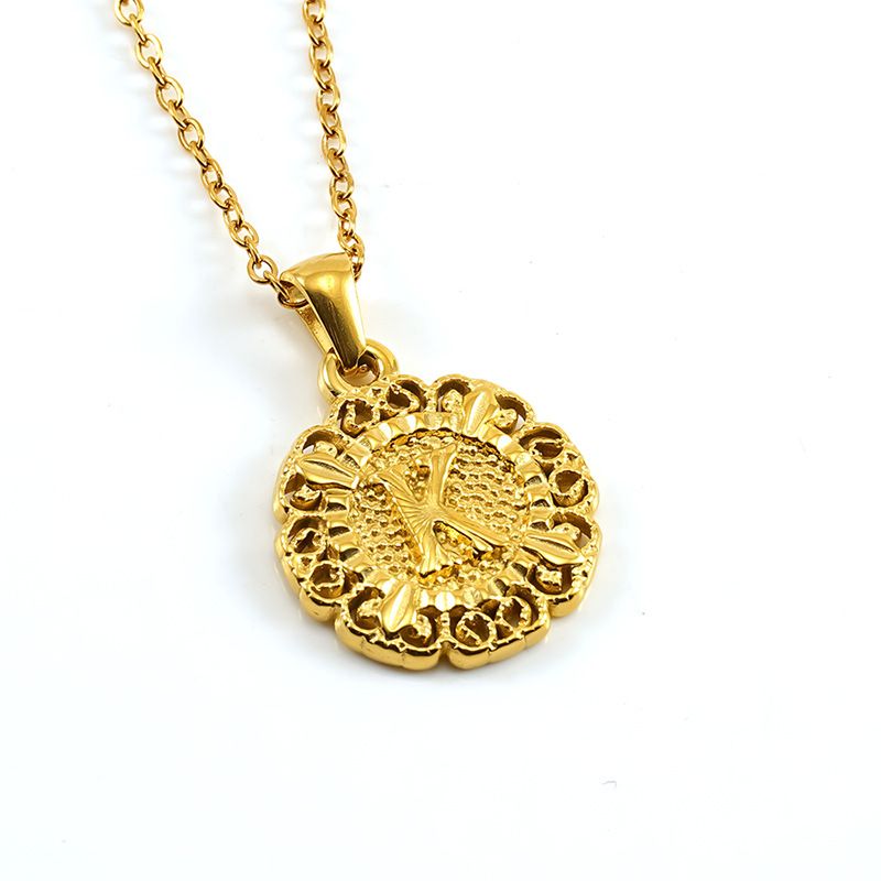 Classic Fashion Unisex Pendant Necklace Luxurious Stainless Steel Plated 18K Gold Openwork Pattern Round Letter Pendant Collarbone Chain Simple Exquisite Versatile Jewelry Accessory
