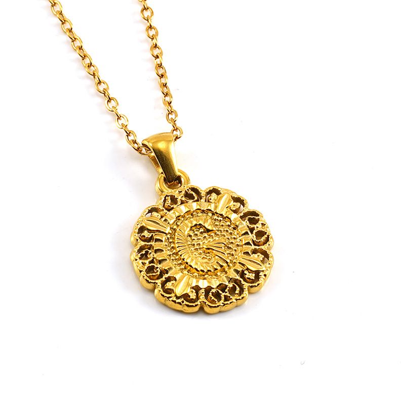 Classic Fashion Unisex Pendant Necklace Luxurious Stainless Steel Plated 18K Gold Openwork Pattern Round Letter Pendant Collarbone Chain Simple Exquisite Versatile Jewelry Accessory