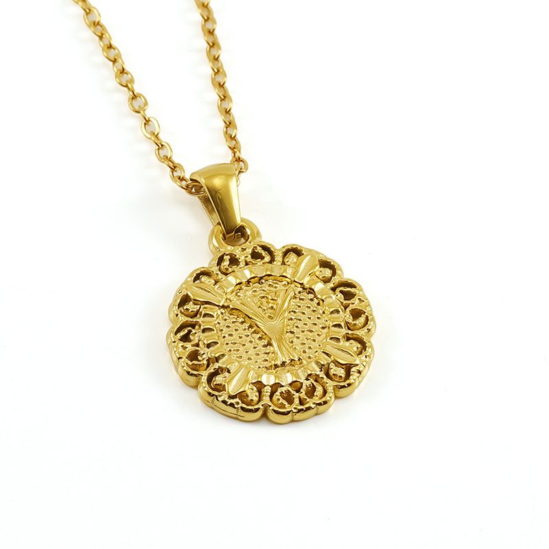 Classic Fashion Unisex Pendant Necklace Luxurious Stainless Steel Plated 18K Gold Openwork Pattern Round Letter Pendant Collarbone Chain Simple Exquisite Versatile Jewelry Accessory