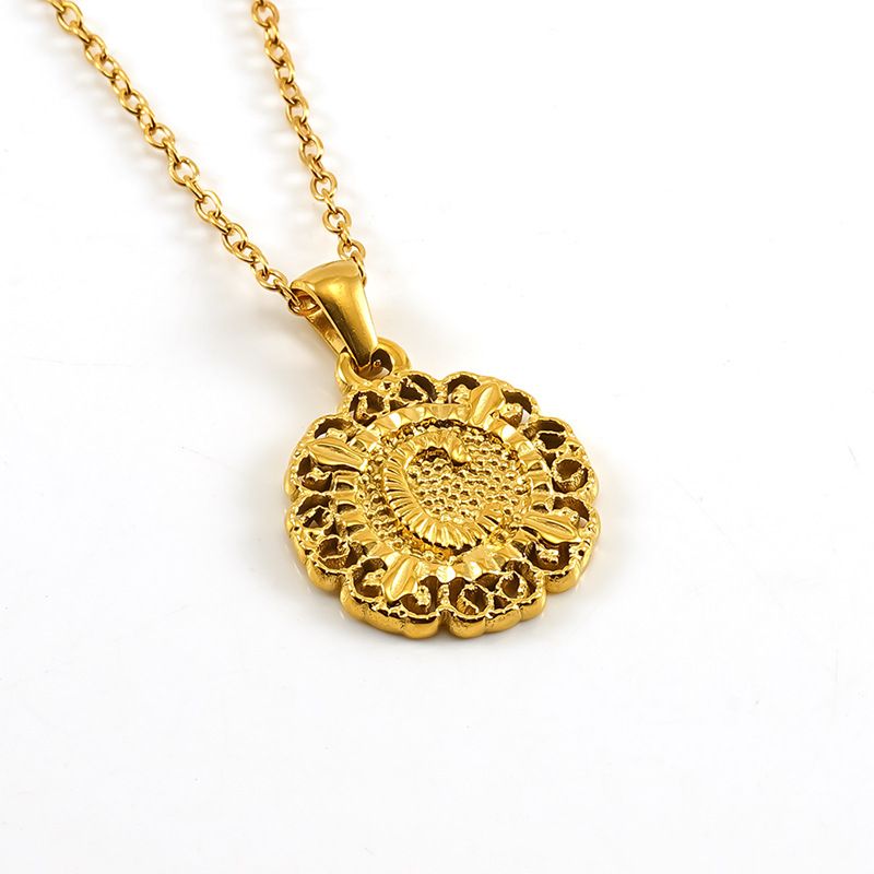 Classic Fashion Unisex Pendant Necklace Luxurious Stainless Steel Plated 18K Gold Openwork Pattern Round Letter Pendant Collarbone Chain Simple Exquisite Versatile Jewelry Accessory