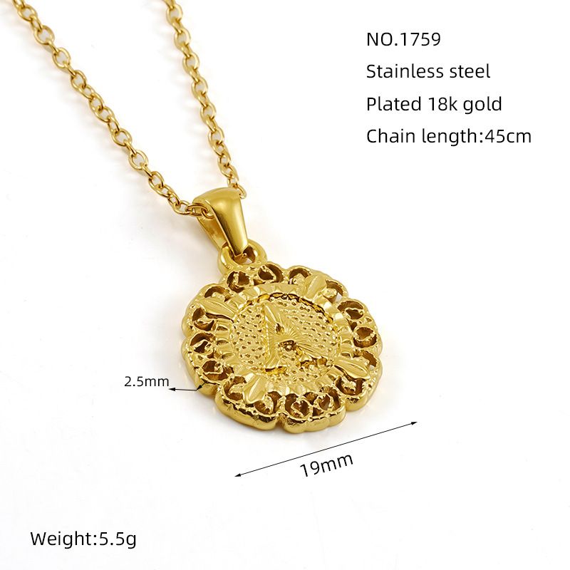 Classic Fashion Unisex Pendant Necklace Luxurious Stainless Steel Plated 18K Gold Openwork Pattern Round Letter Pendant Collarbone Chain Simple Exquisite Versatile Jewelry Accessory