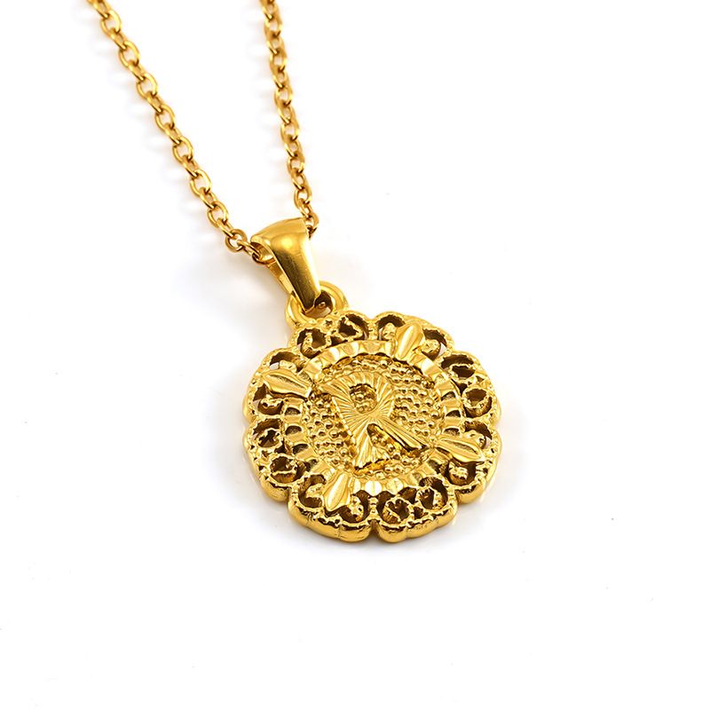 Classic Fashion Unisex Pendant Necklace Luxurious Stainless Steel Plated 18K Gold Openwork Pattern Round Letter Pendant Collarbone Chain Simple Exquisite Versatile Jewelry Accessory