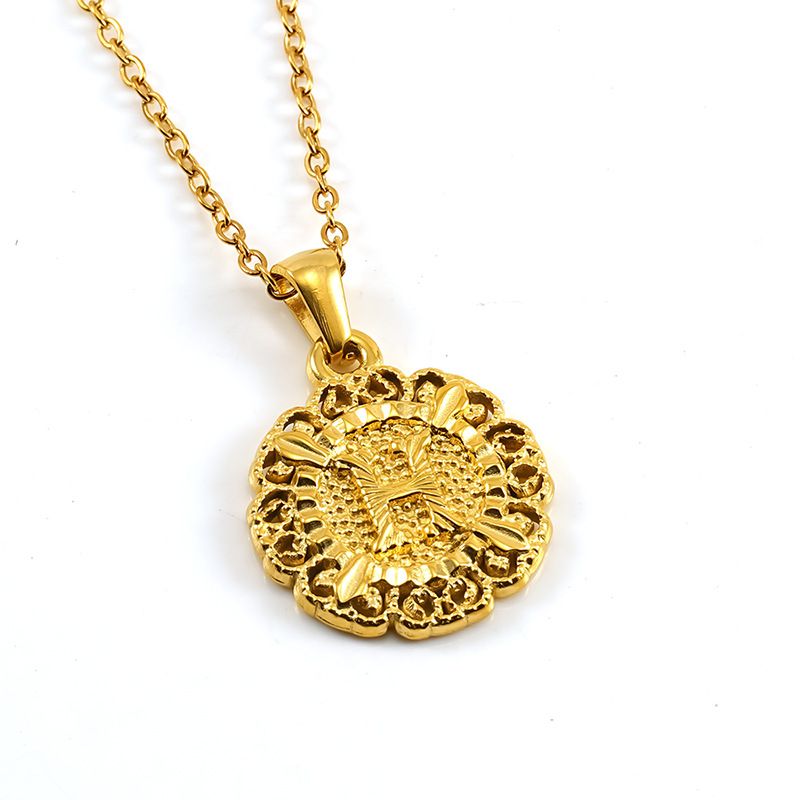 Classic Fashion Unisex Pendant Necklace Luxurious Stainless Steel Plated 18K Gold Openwork Pattern Round Letter Pendant Collarbone Chain Simple Exquisite Versatile Jewelry Accessory