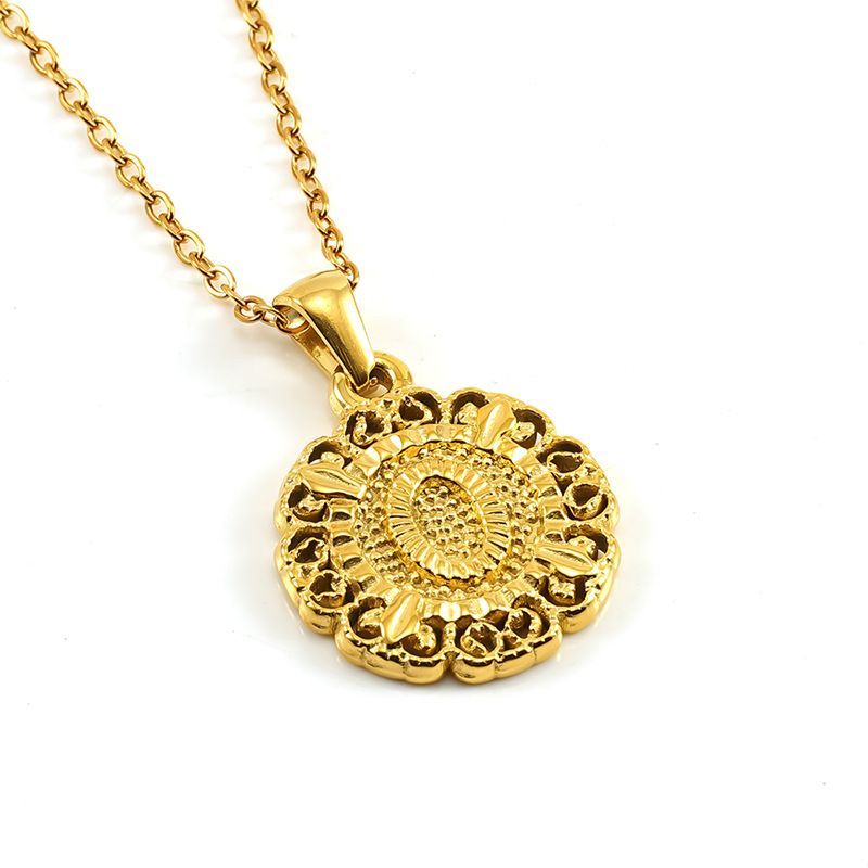 Classic Fashion Unisex Pendant Necklace Luxurious Stainless Steel Plated 18K Gold Openwork Pattern Round Letter Pendant Collarbone Chain Simple Exquisite Versatile Jewelry Accessory
