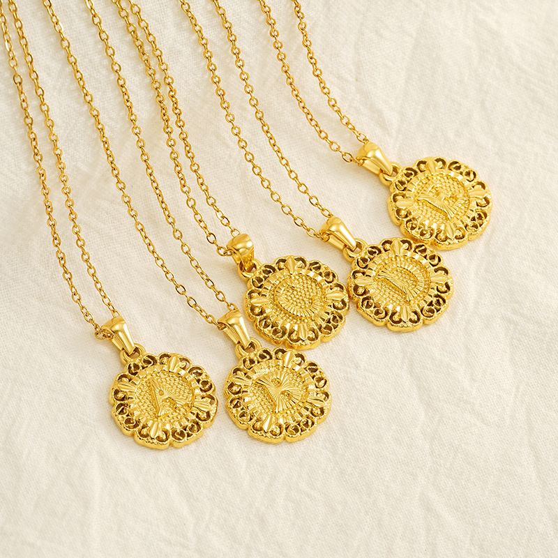 Classic Fashion Unisex Pendant Necklace Luxurious Stainless Steel Plated 18K Gold Openwork Pattern Round Letter Pendant Collarbone Chain Simple Exquisite Versatile Jewelry Accessory