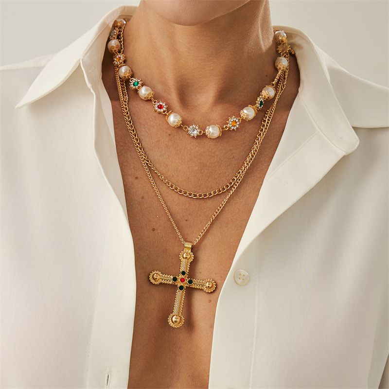 2025 Euro-American Bestseller Fashion Women's Necklace Set Diamond-Accented Cross Pendant Layered Necklaces Sweet & Edgy Heart Gem Pearl Chain Jewelry Unisex for Men Women Versatile Accessories