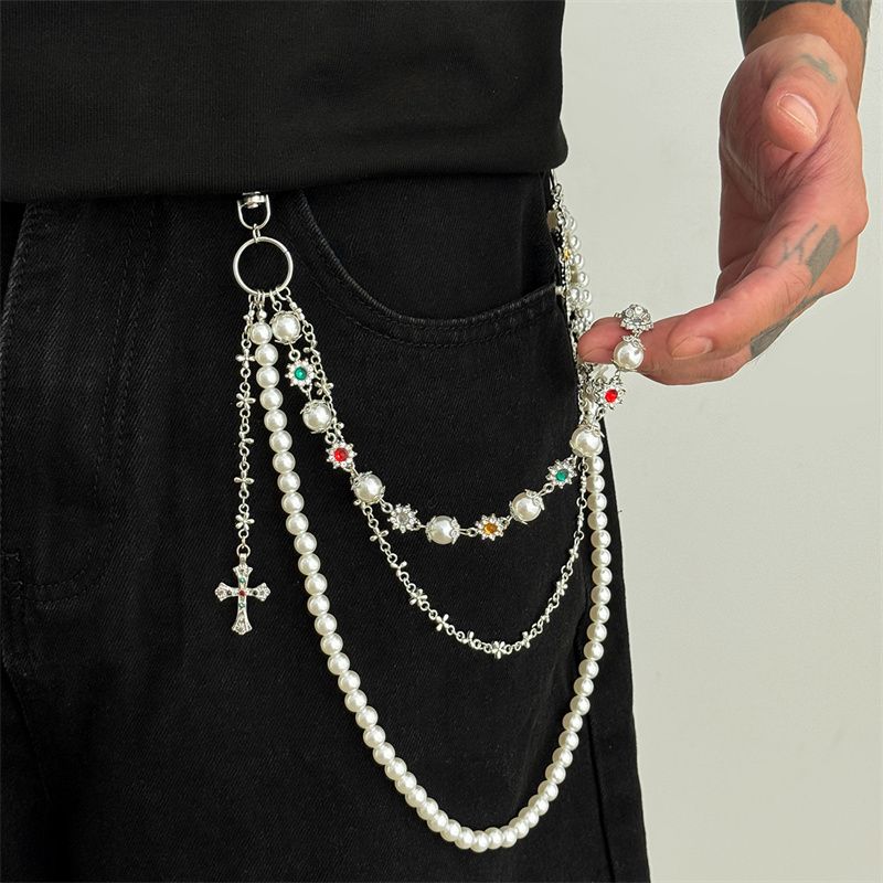 Euro-American Premium Men's Hip-Hop Pants Chain Pearl Beaded with Flower & Cross Pendants Multi-Layer Design Jeans Waist Chain Fashion Accessory for African Men Daily Street Wear