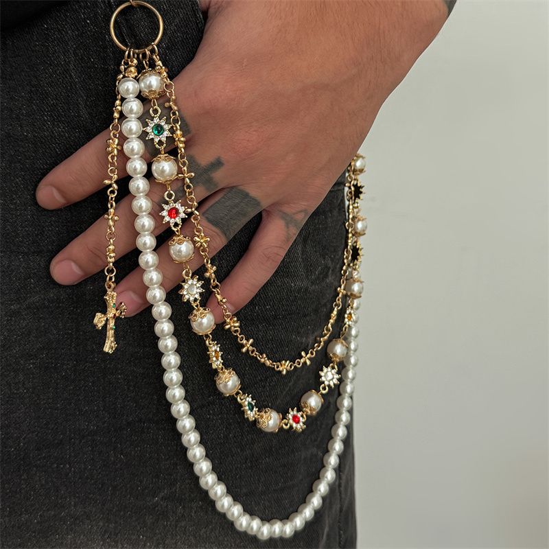 Euro-American Premium Men's Hip-Hop Pants Chain Pearl Beaded with Flower & Cross Pendants Multi-Layer Design Jeans Waist Chain Fashion Accessory for African Men Daily Street Wear