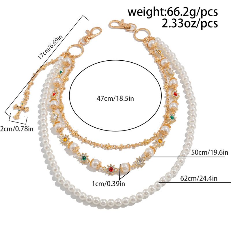 Euro-American Premium Men's Hip-Hop Pants Chain Pearl Beaded with Flower & Cross Pendants Multi-Layer Design Jeans Waist Chain Fashion Accessory for African Men Daily Street Wear