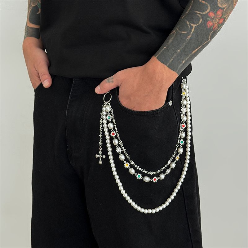 Euro-American Premium Men's Hip-Hop Pants Chain Pearl Beaded with Flower & Cross Pendants Multi-Layer Design Jeans Waist Chain Fashion Accessory for African Men Daily Street Wear