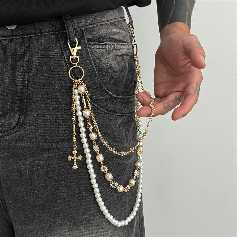 Euro-American Premium Men's Hip-Hop Pants Chain Pearl Beaded with Flower & Cross Pendants Multi-Layer Design Jeans Waist Chain Fashion Accessory for African Men Daily Street Wear