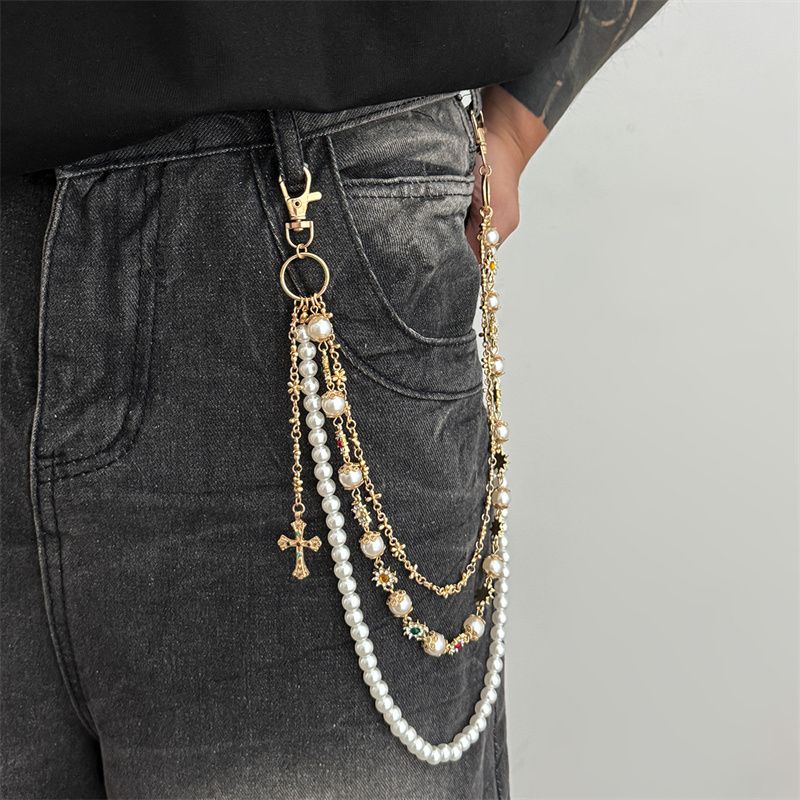 Euro-American Premium Men's Hip-Hop Pants Chain Pearl Beaded with Flower & Cross Pendants Multi-Layer Design Jeans Waist Chain Fashion Accessory for African Men Daily Street Wear