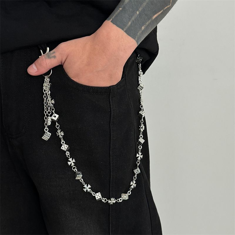 Euro-American Premium Men's Hip-Hop Pants Chain Pearl Beaded with Flower & Cross Pendants Multi-Layer Design Jeans Waist Chain Fashion Accessory for African Men Daily Street Wear