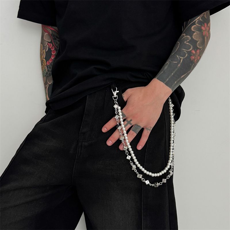 Euro-American Premium Men's Hip-Hop Pants Chain Pearl Beaded with Flower & Cross Pendants Multi-Layer Design Jeans Waist Chain Fashion Accessory for African Men Daily Street Wear