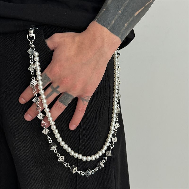 Euro-American Premium Men's Hip-Hop Pants Chain Pearl Beaded with Flower & Cross Pendants Multi-Layer Design Jeans Waist Chain Fashion Accessory for African Men Daily Street Wear