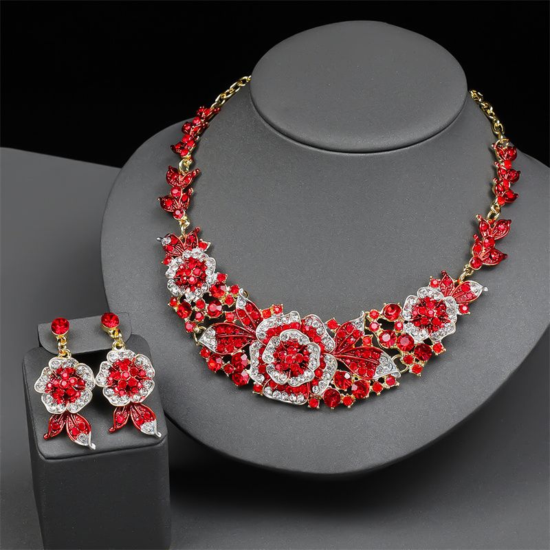 Fashion Luxury Women's 2-Piece Jewelry Set Rose-Shaped Statement Multi-Colored Crystal Necklace & Earrings Exaggerated Design Elegant Bride Accessory for African Women Wedding Party Daily Wear