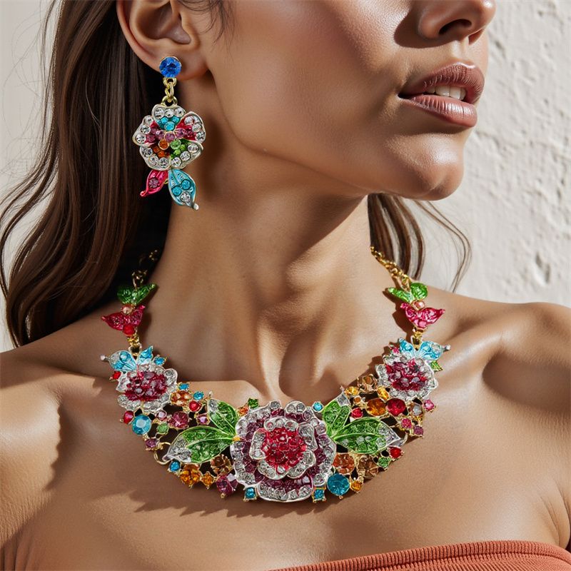 Fashion Luxury Women's 2-Piece Jewelry Set Rose-Shaped Statement Multi-Colored Crystal Necklace & Earrings Exaggerated Design Elegant Bride Accessory for African Women Wedding Party Daily Wear