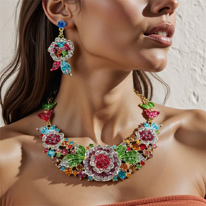 Fashion Luxury Women's 2-Piece Jewelry Set Rose-Shaped Statement Multi-Colored Crystal Necklace & Earrings Exaggerated Design Elegant Bride Accessory for African Women Wedding Party Daily Wear