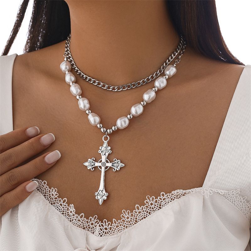 Multi-Style Cyberpunk Gothic Cross Necklace Faux Pearl Beaded Single or Multi-Layered Design Edgy Cross Pendant Punk Statement Jewelry