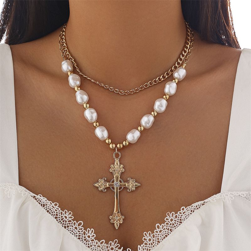Multi-Style Cyberpunk Gothic Cross Necklace Faux Pearl Beaded Single or Multi-Layered Design Edgy Cross Pendant Punk Statement Jewelry
