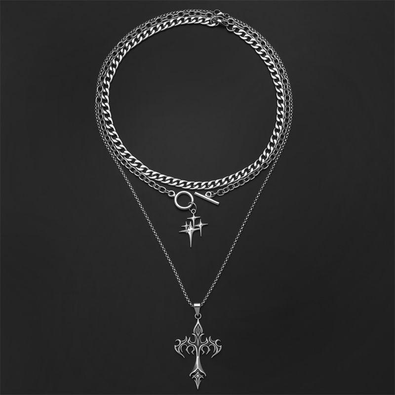 2026 New Arrival Edgy Trendy Women's Layered Necklace Set Cross Star Moon Pendants Stackable Choker & Sweater Chain Unisex Daily Party Streetwear Fashion Jewelry