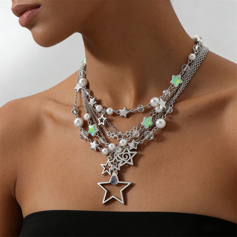2026 New Arrival Edgy Trendy Women's Layered Necklace Set Cross Star Moon Pendants Stackable Choker & Sweater Chain Unisex Daily Party Streetwear Fashion Jewelry