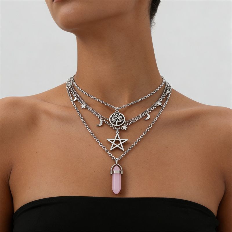2026 New Arrival Edgy Trendy Women's Layered Necklace Set Cross Star Moon Pendants Stackable Choker & Sweater Chain Unisex Daily Party Streetwear Fashion Jewelry