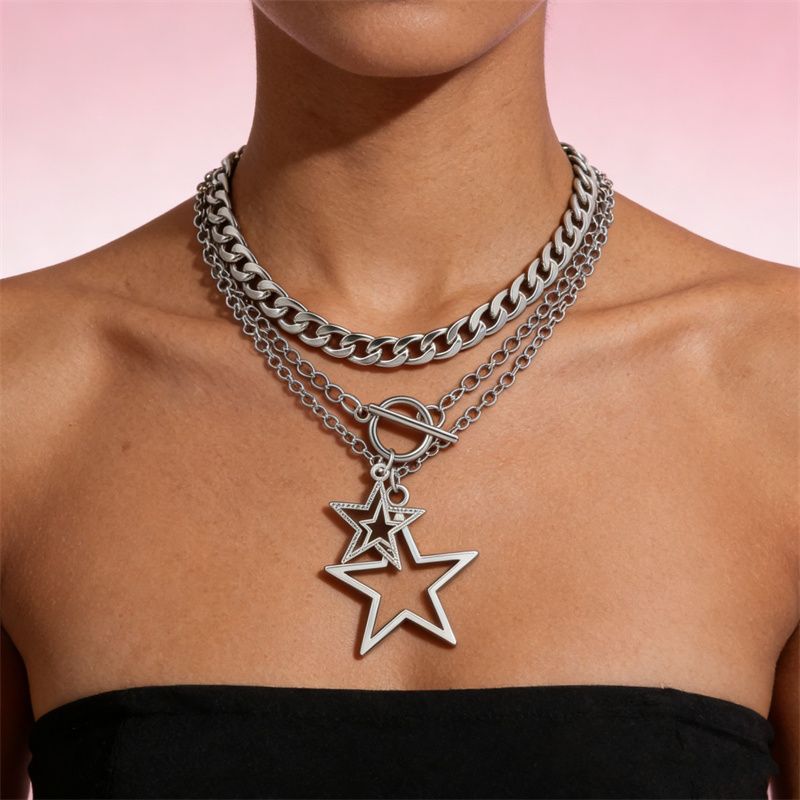 2026 New Arrival Edgy Trendy Women's Layered Necklace Set Cross Star Moon Pendants Stackable Choker & Sweater Chain Unisex Daily Party Streetwear Fashion Jewelry