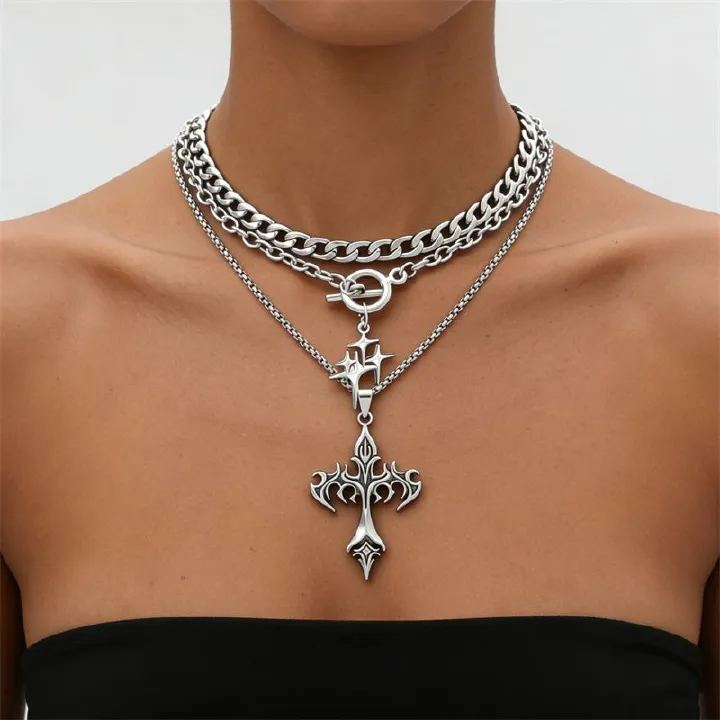 2026 New Arrival Edgy Trendy Women's Layered Necklace Set Cross Star Moon Pendants Stackable Choker & Sweater Chain Unisex Daily Party Streetwear Fashion Jewelry