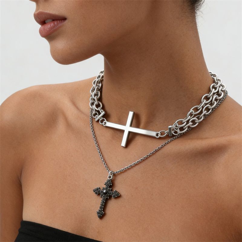 2026 New Arrival Edgy Trendy Women's Layered Necklace Set Cross Star Moon Pendants Stackable Choker & Sweater Chain Unisex Daily Party Streetwear Fashion Jewelry